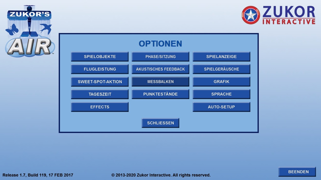 ZUKOR Air Feedbackspiel - Einstellungen