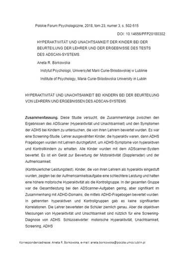 2Borkowska DE - HYPERAKTIVITÄT UND UNACHTSAMKEIT DER KINDER BEI DER BEURTEILUNG DER LEHRER UND DER ERGEBNISSE DES TESTS DES ADSCAN-SYSTEMS