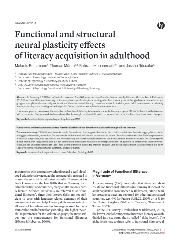 Boltzmann - Functional and structural neural plasticity effects of literacy acquisition in adulthood - 2019