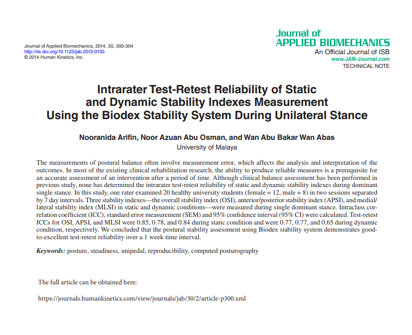 Intrarater Test-Retest Reliability of Static and Dynamic Stability Indexes Measurement