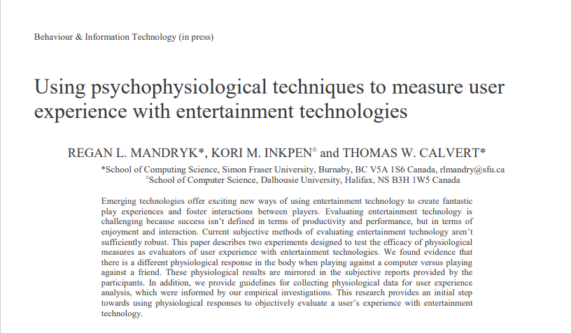 Einsatz psychophysiologischer Techniken zur Messung der Nutzererfahrung mit Unterhaltungstechnologien